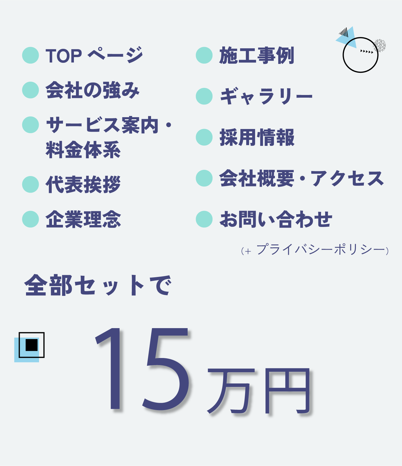 TOPページ、会社の強み、サービス案内と料金体系、代表挨拶、企業理念、施工事例、ギャラリー、採用情報、会社概要とアクセス、お問い合わせ（+プライバシーポリシー）の全部で15万円